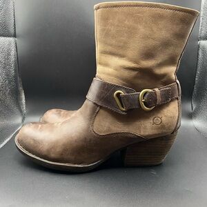 Born Nevica Brown Distressed Leather Western Boho Boots Block Heel Buckle 8 M